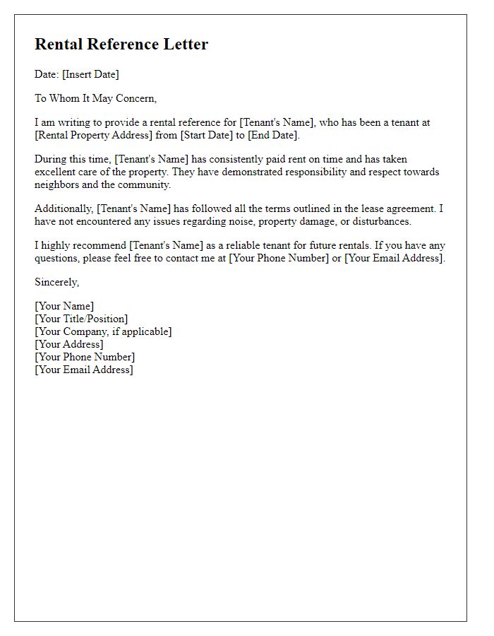 Letter template of rental reference for landlord.