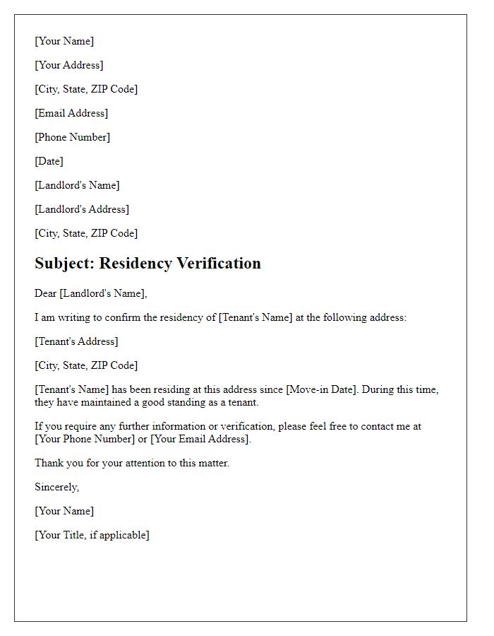 Letter template of residency verification for landlord.