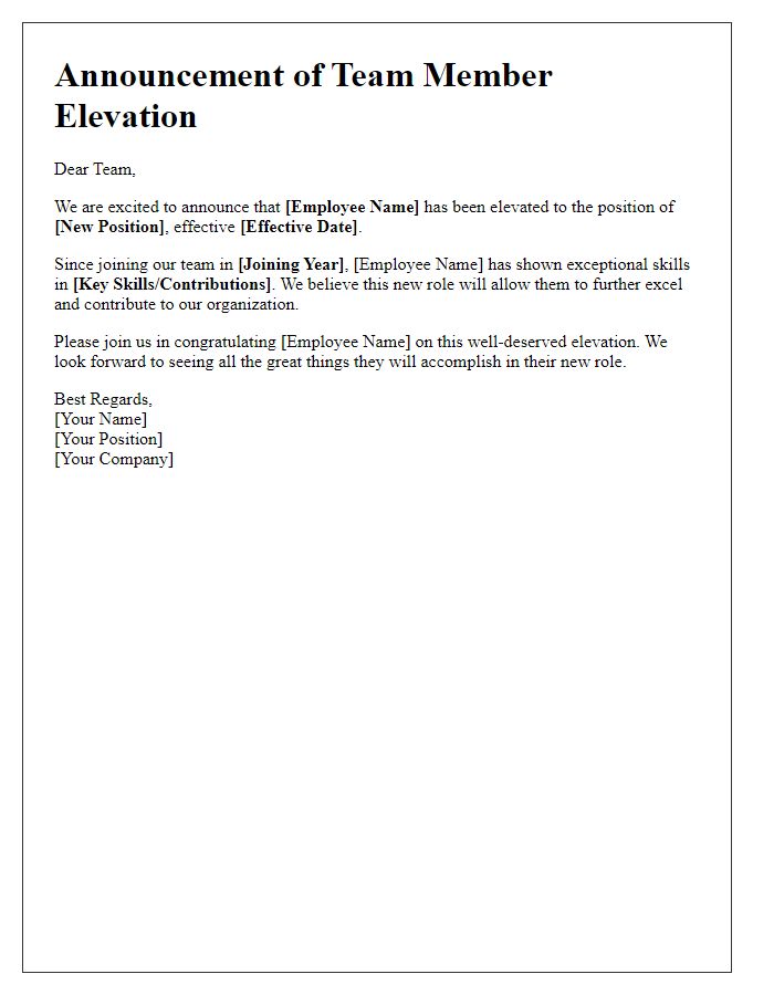 Letter template of announcement for team member elevation