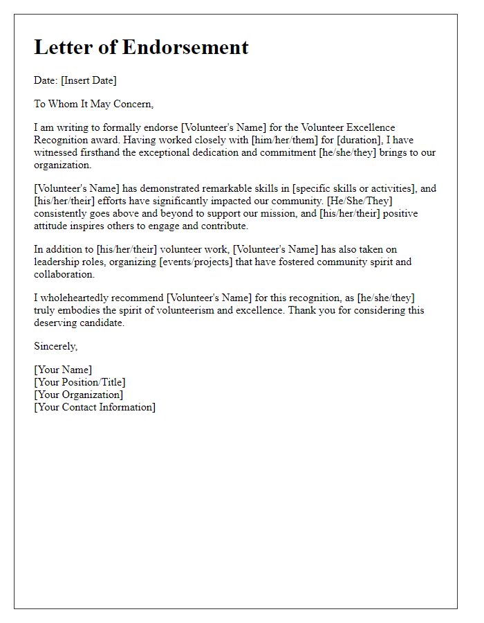 Letter template of endorsement for volunteer excellence recognition.