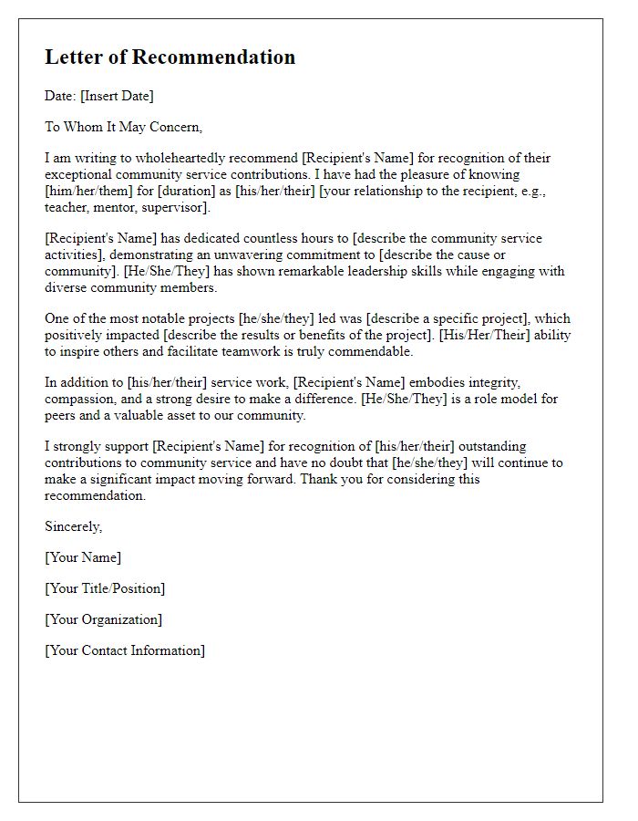 Letter template of recommendation for community service recognition.