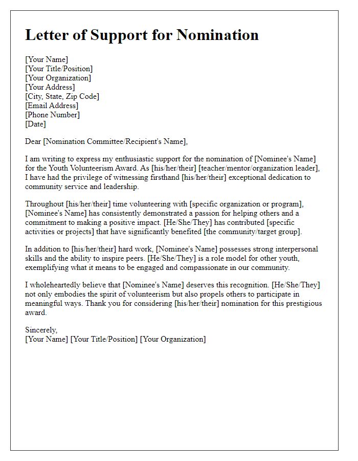 Letter template of support for youth volunteerism award nomination.