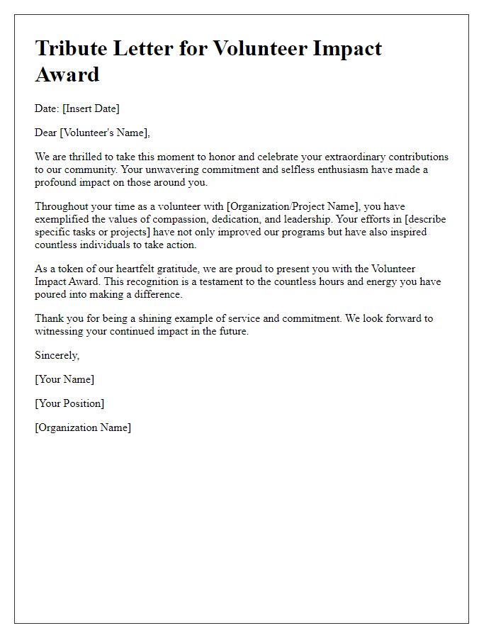 Letter template of tribute for volunteer impact award.