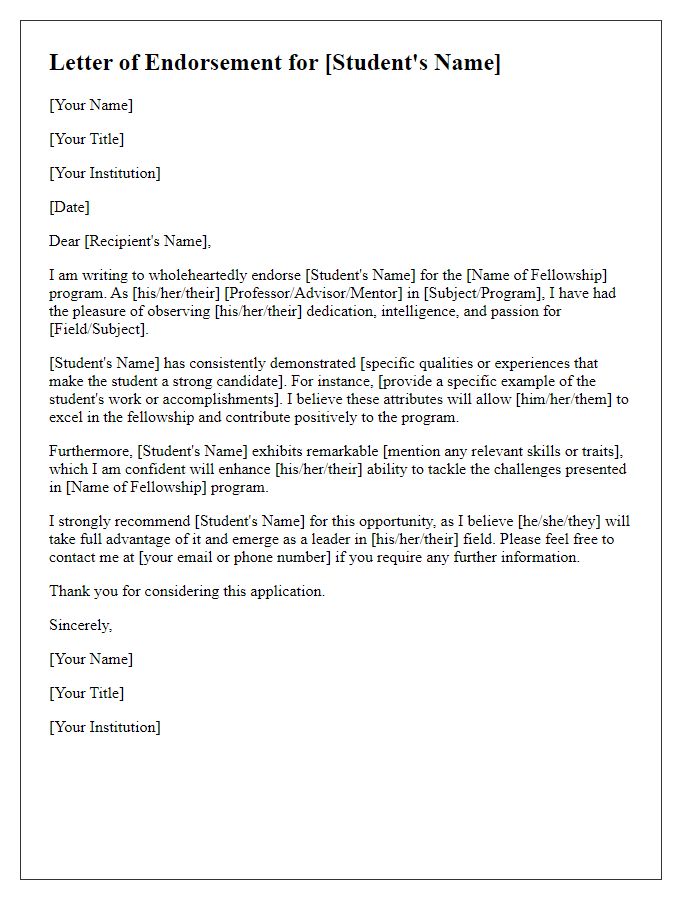 Letter template of endorsement for student fellowship application.