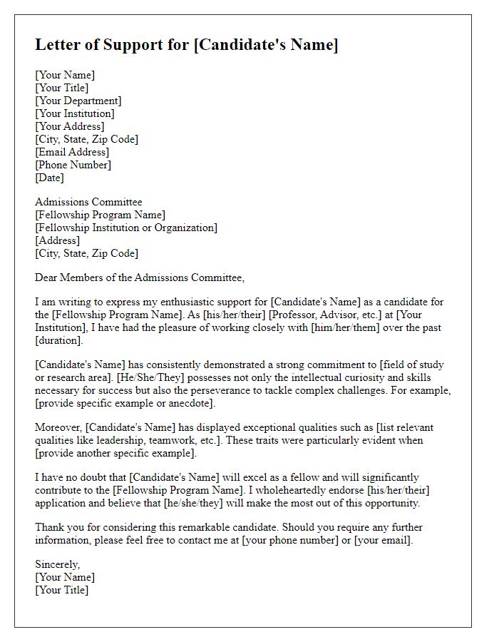 Letter template of support for undergraduate fellowship candidacy.