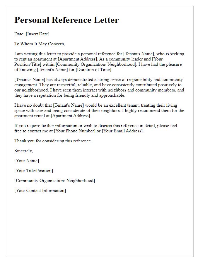 Letter template of personal reference for apartment rental from a community leader.