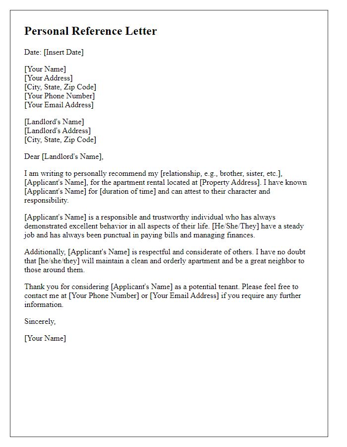 Letter template of personal reference for apartment rental from a family member.