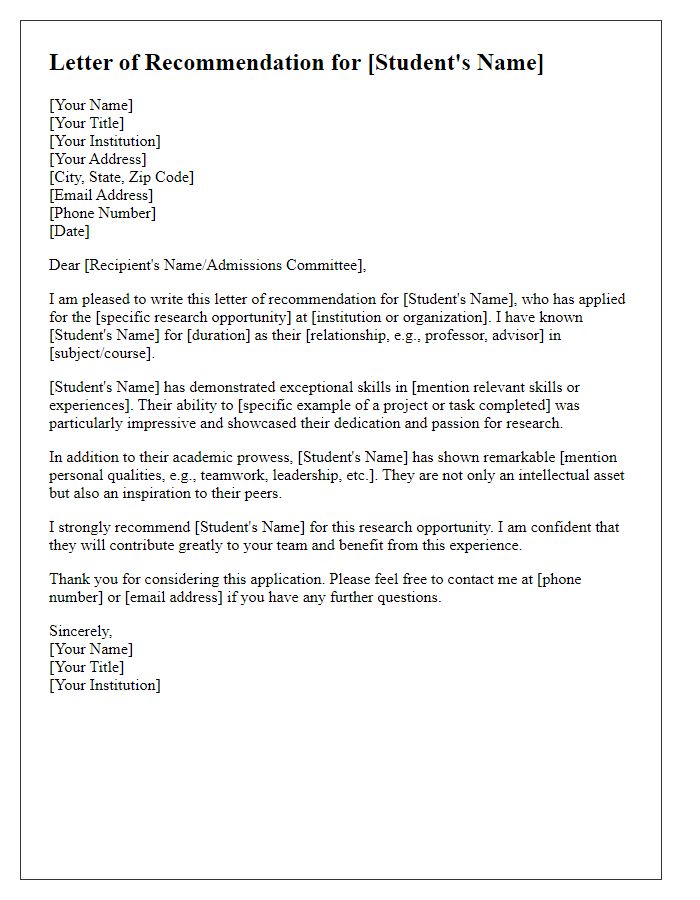 Letter template of academic recommendation for research opportunity.