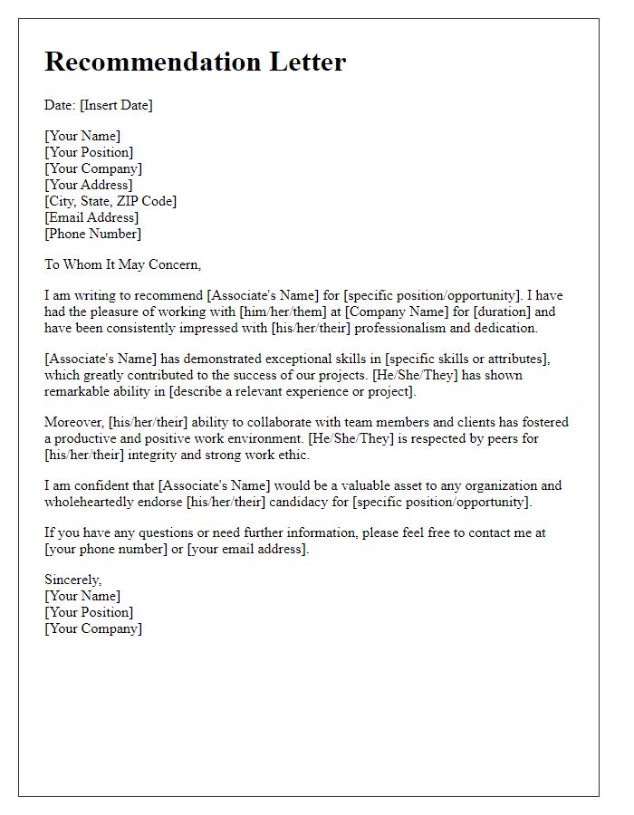 Letter template of business associates recommendation.