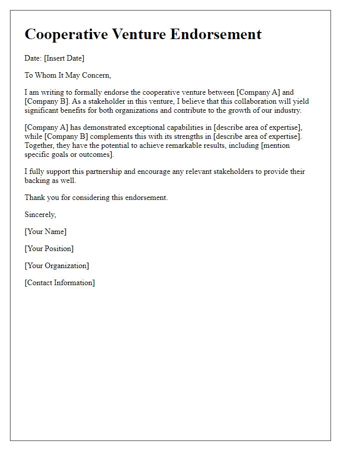 Letter template of cooperative venture endorsement.