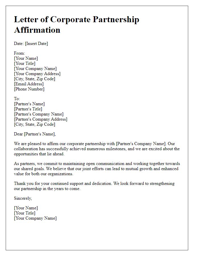 Letter template of corporate partnership affirmation.