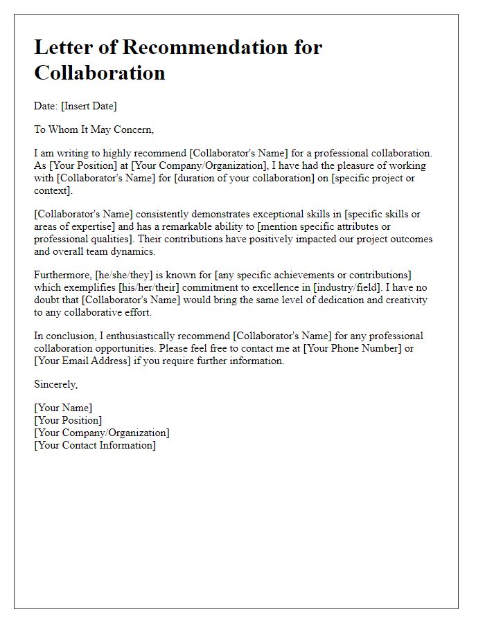 Letter template of professional collaboration recommendation.