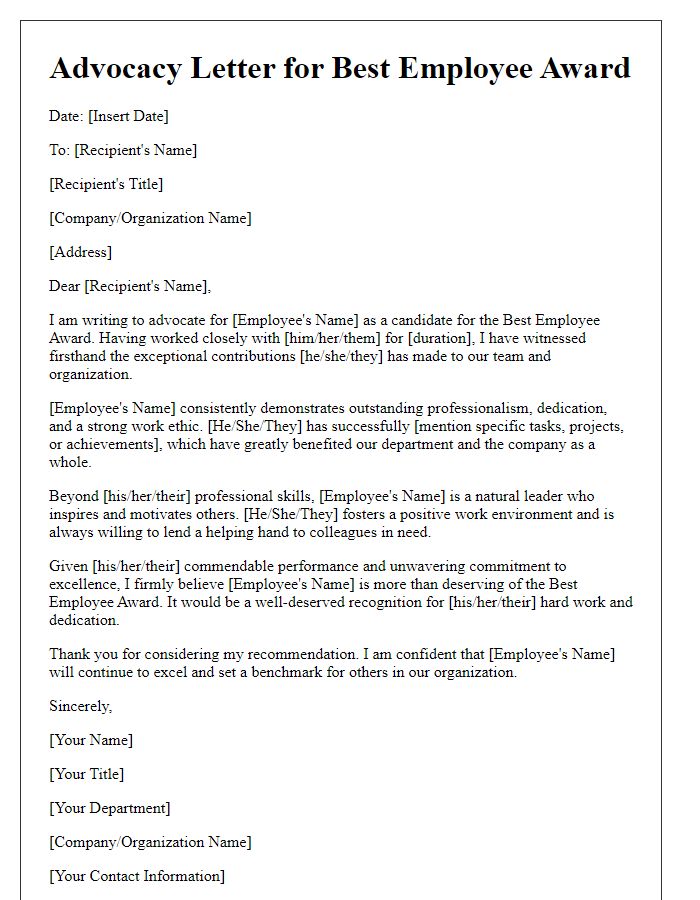 Letter template of advocacy for best employee award.