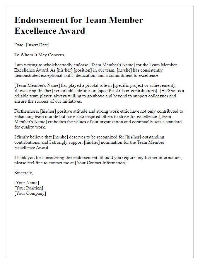 Letter template of endorsement for team member excellence award.