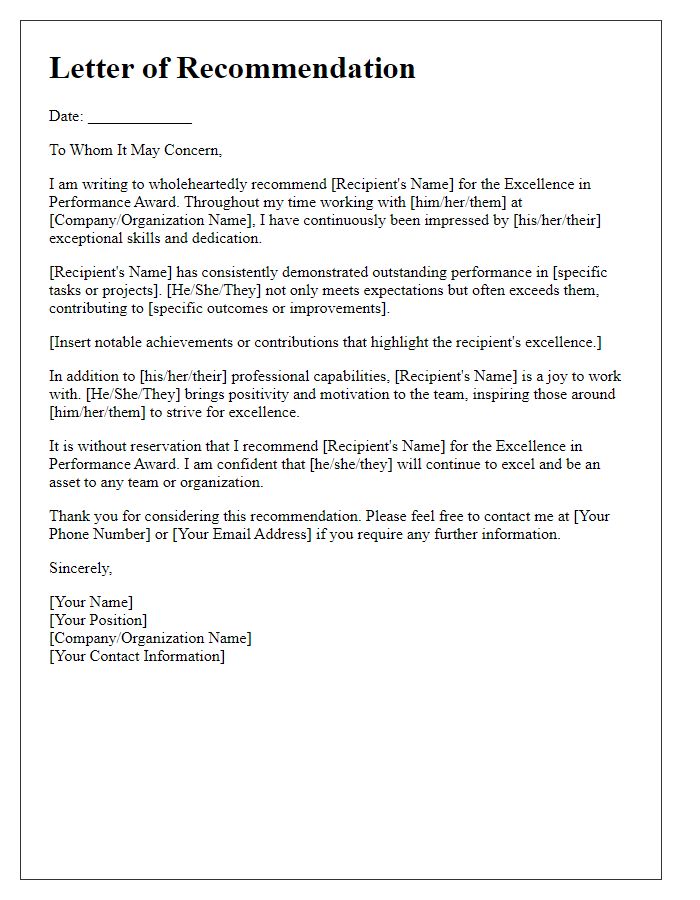 Letter template of recommendation for excellence in performance award.