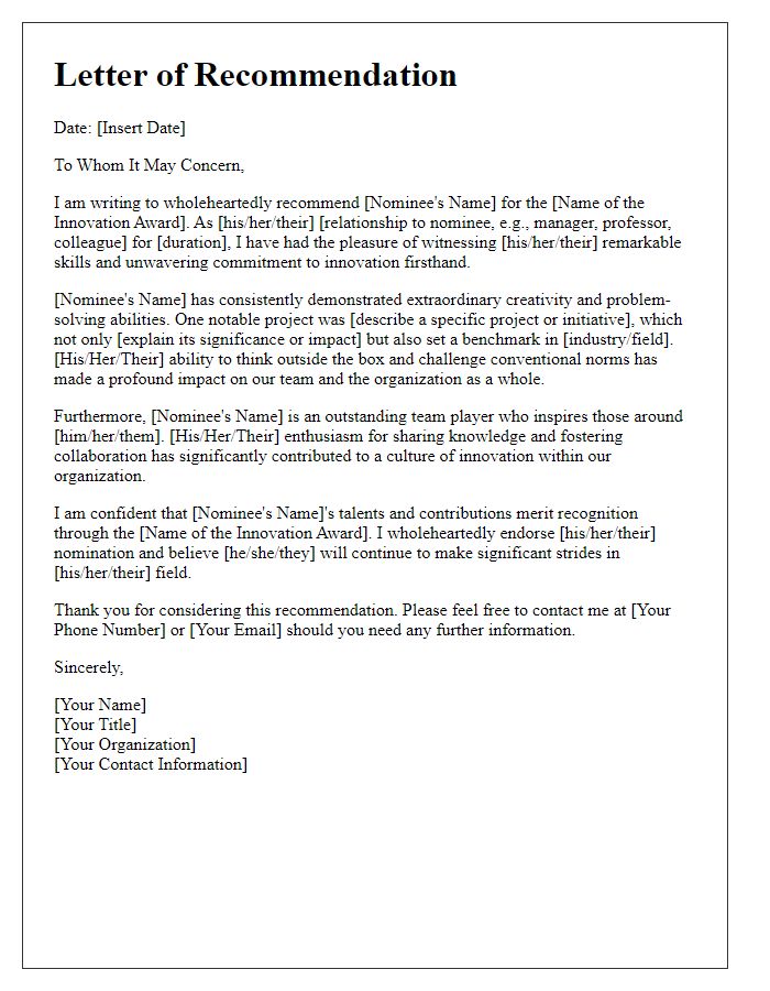 Letter template of recommendation for innovation award.