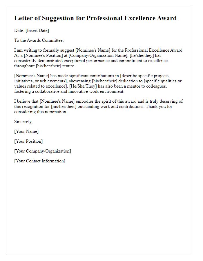 Letter template of suggestion for professional excellence award.