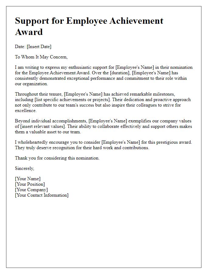 Letter template of support for employee achievement award.