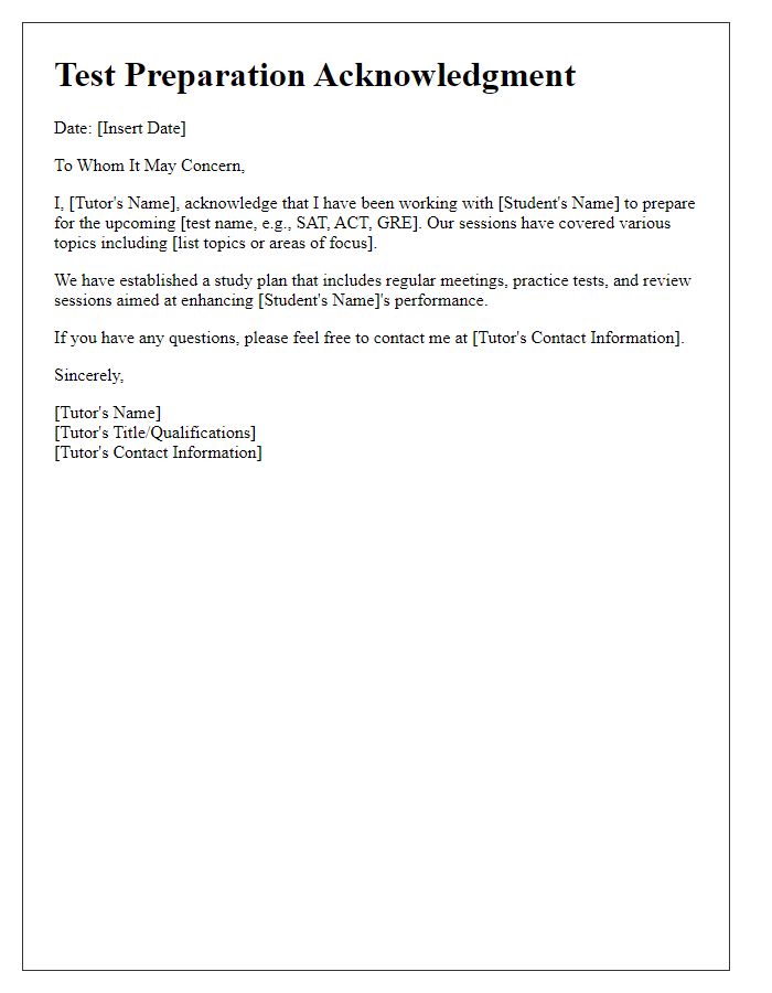 Letter template of acknowledged tutor for test preparation.