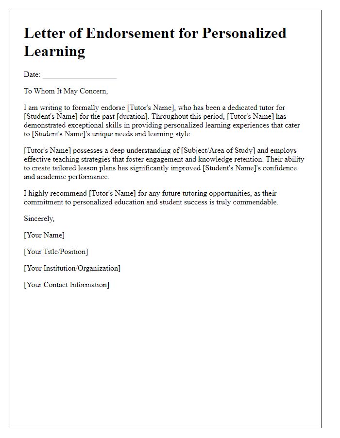 Letter template of endorsed tutor for personalized learning.