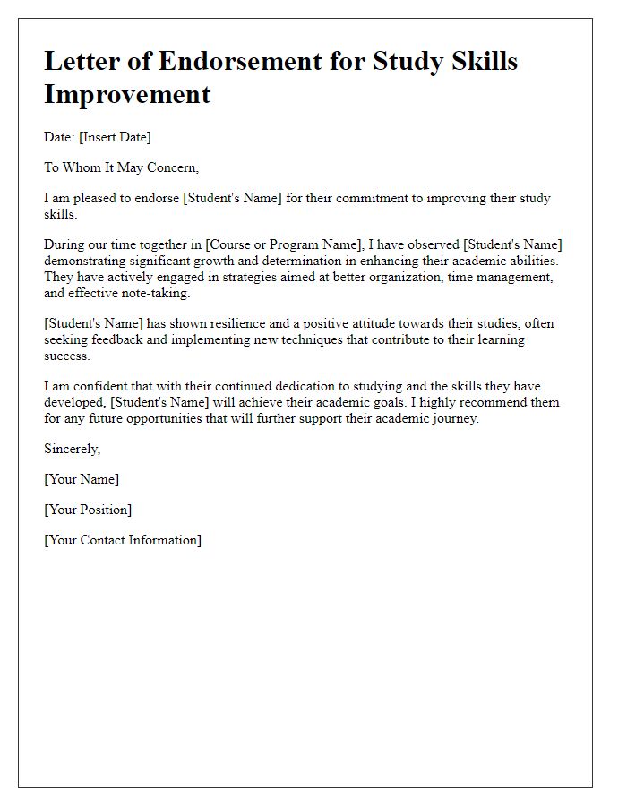 Letter template of endorsed tutor for study skills improvement.