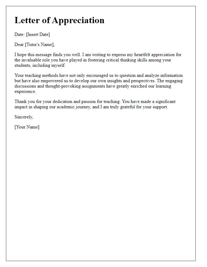 Letter template of praised tutor for fostering critical thinking.