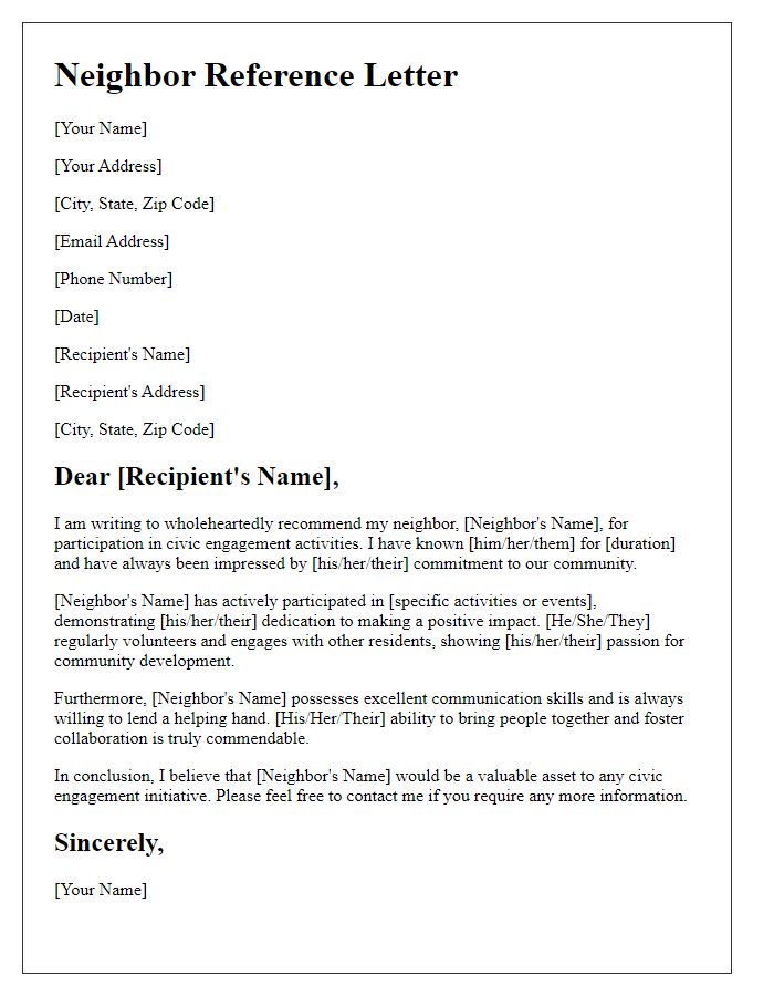 Letter template of neighbor reference for civic engagement activities.