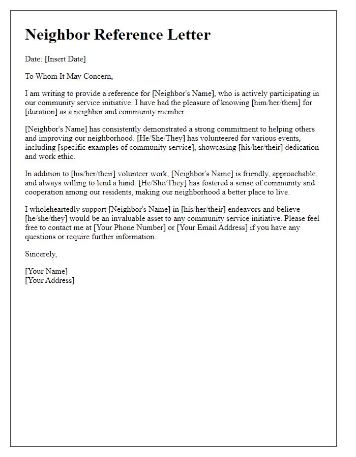 Letter template of neighbor reference for community service initiative.