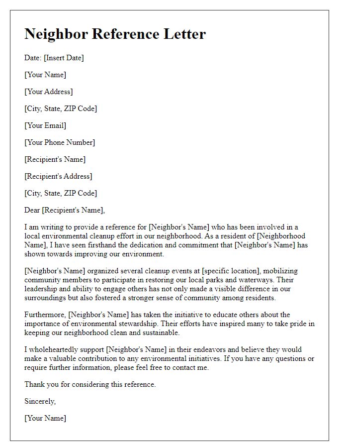 Letter template of neighbor reference for environmental cleanup effort.