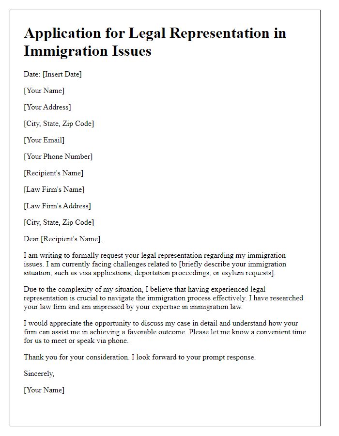 Letter template of application for legal representation in immigration issues