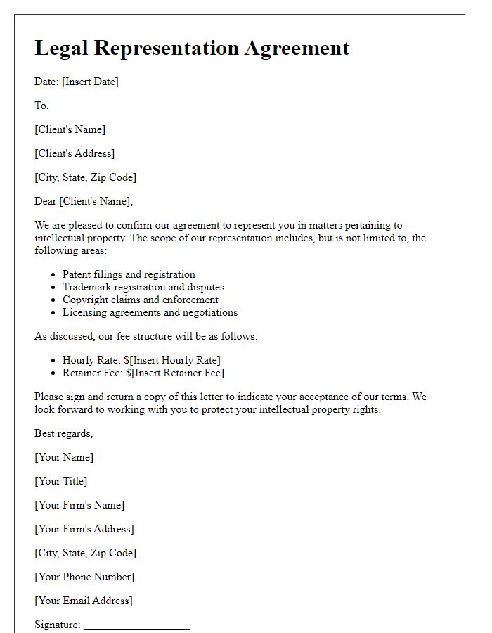 Letter template of correspondence for legal representation in intellectual property matters