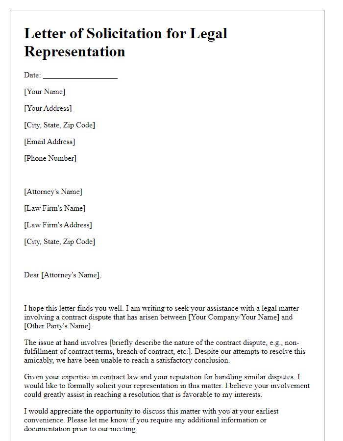 Letter template of solicitation for legal representation in contract disputes