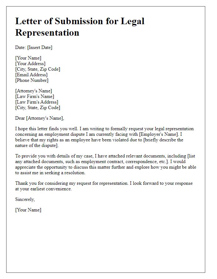 Letter template of submission for legal representation concerning employment disputes