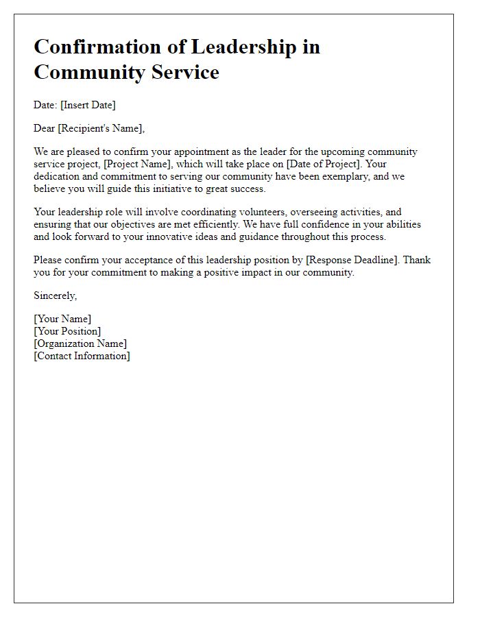 Letter template of confirmation for leadership in community service.