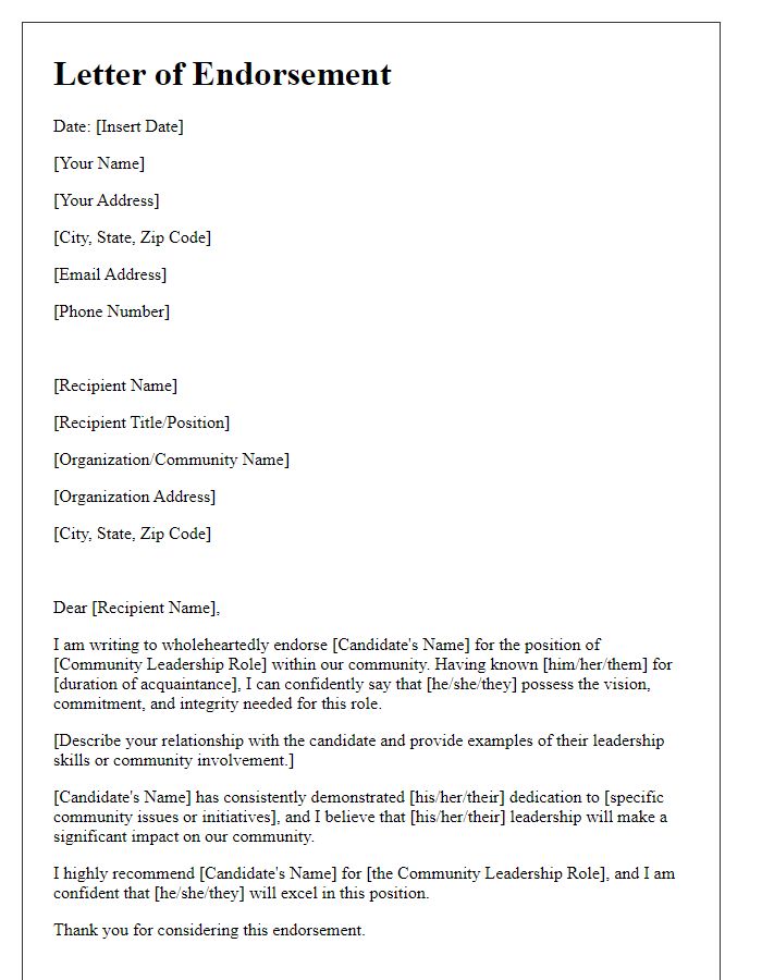 Letter template of endorsement for community leadership role.