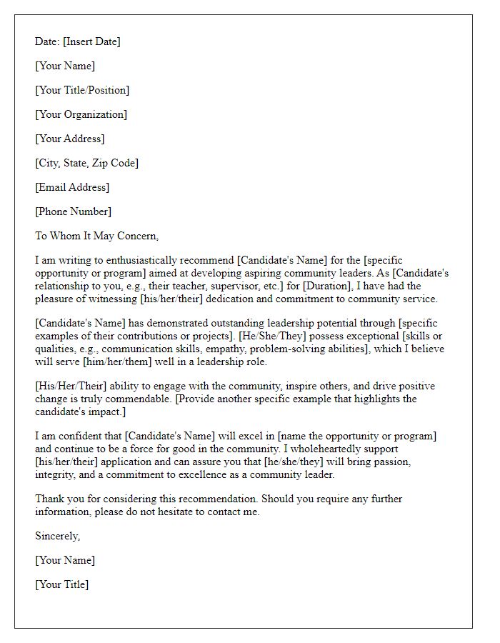 Letter template of recommendation for aspiring community leaders.