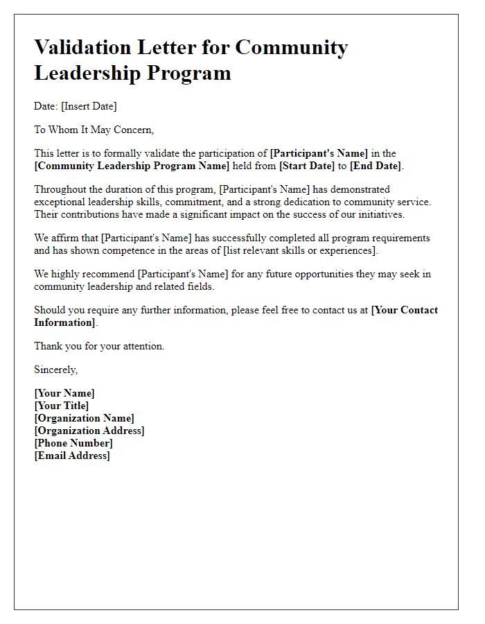 Letter template of validation for community leadership programs.