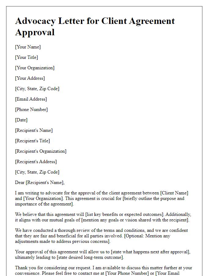 Letter template of advocacy for client agreement approval.