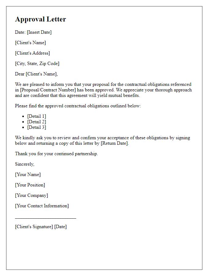 Letter template of approval for client contractual obligations.