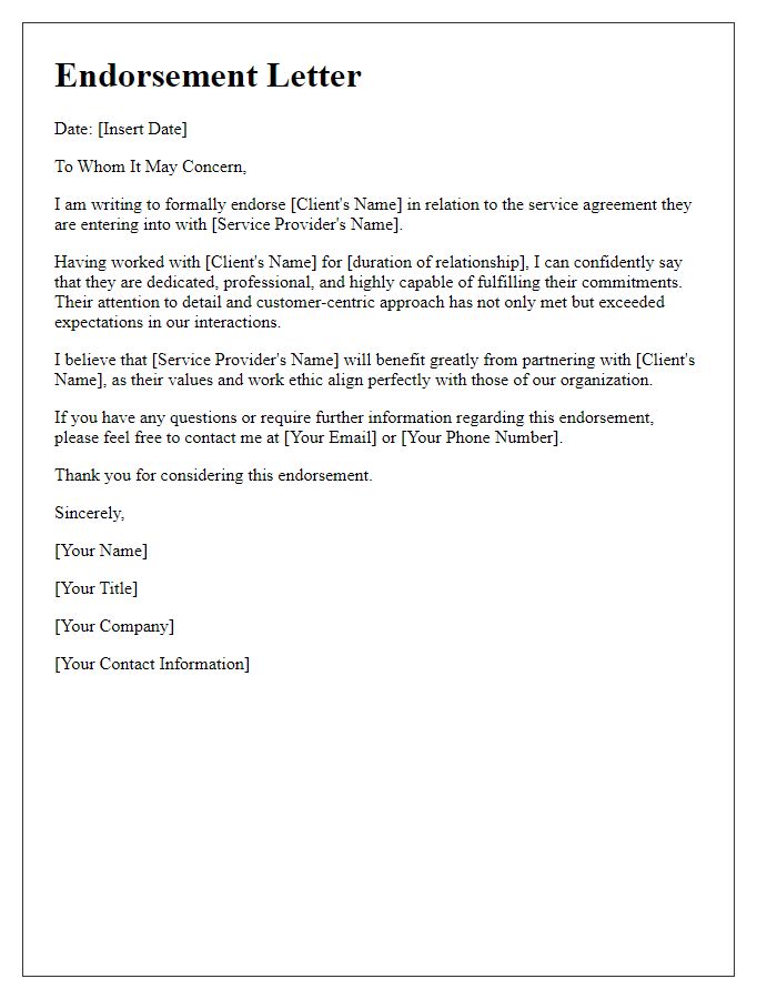 Letter template of endorsement for client service agreement.