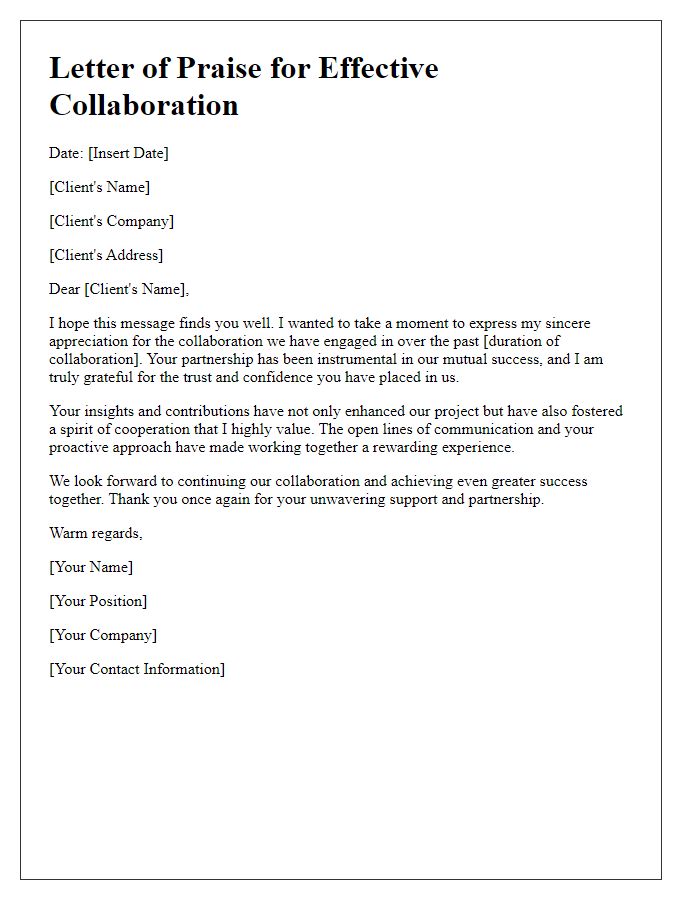 Letter template of praise for client collaboration agreement.