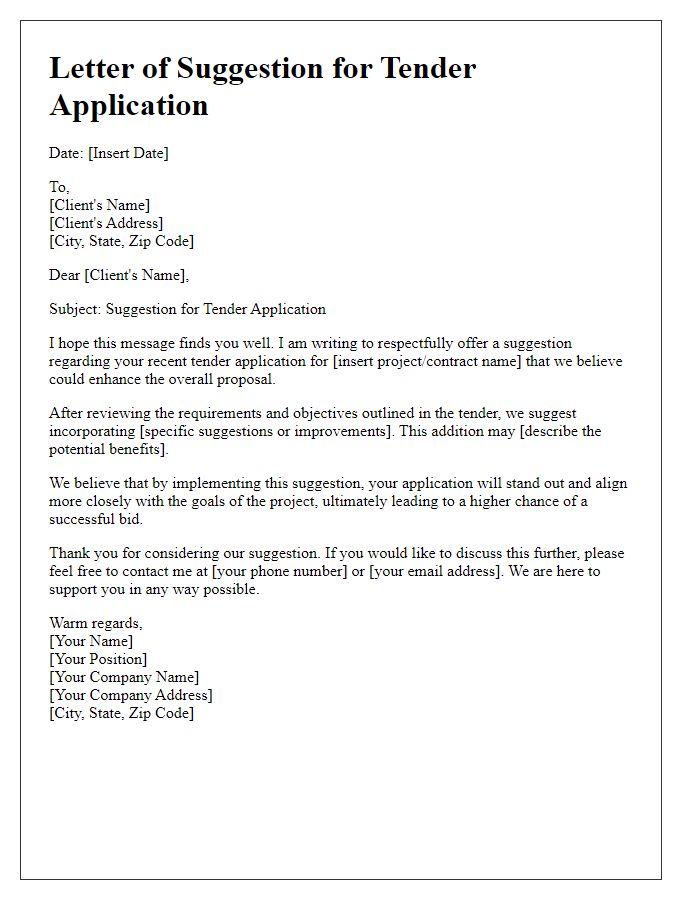 Letter template of suggestion for client tender application.