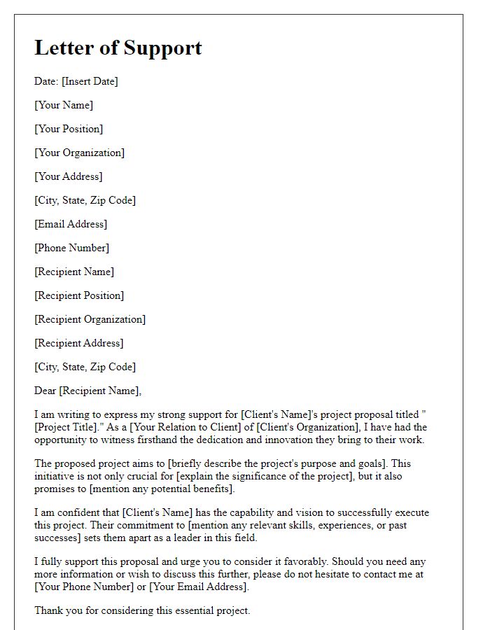 Letter template of support for client project proposal.
