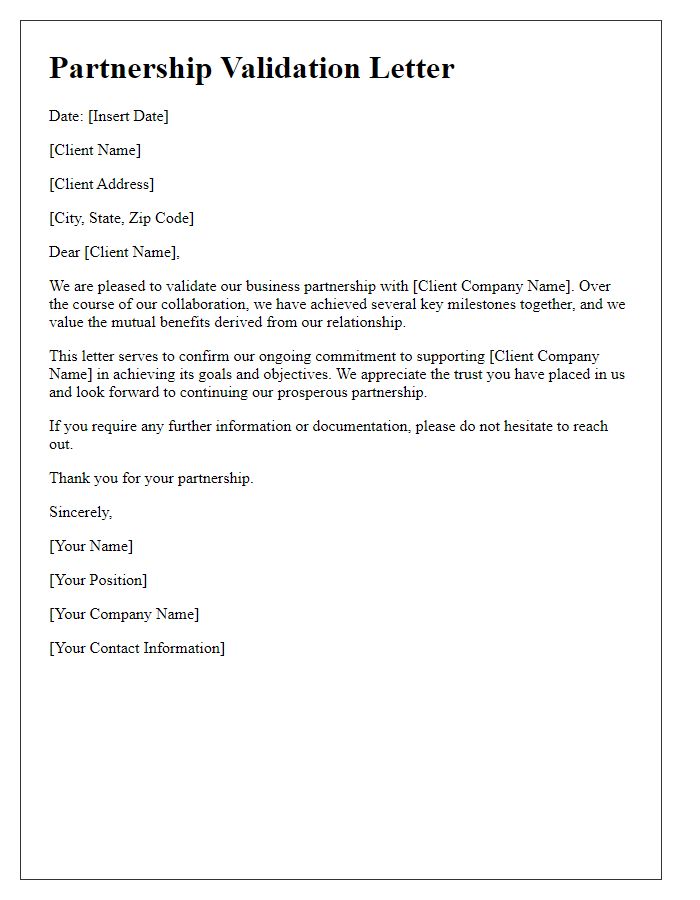 Letter template of validation for client business partnership.