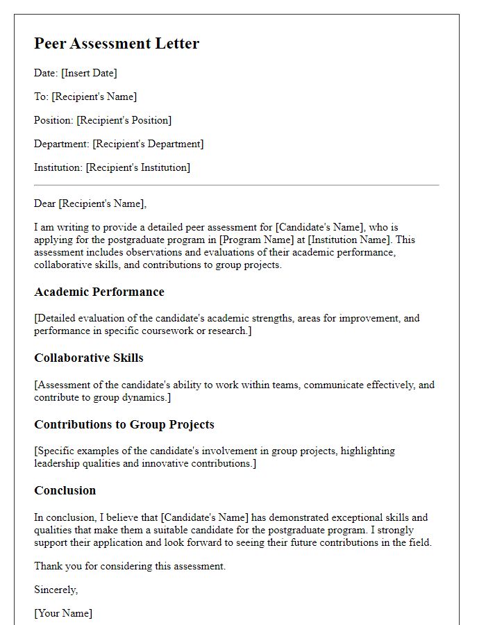 Letter template of detailed peer assessment for postgraduate program.