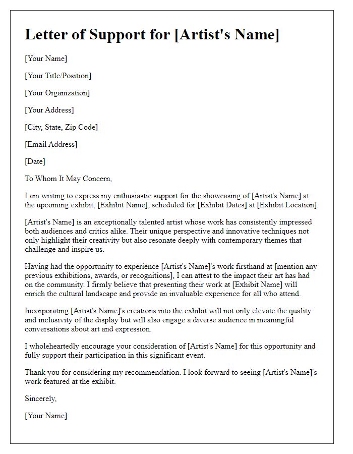 Letter template of support for showcasing an artist at an exhibit.