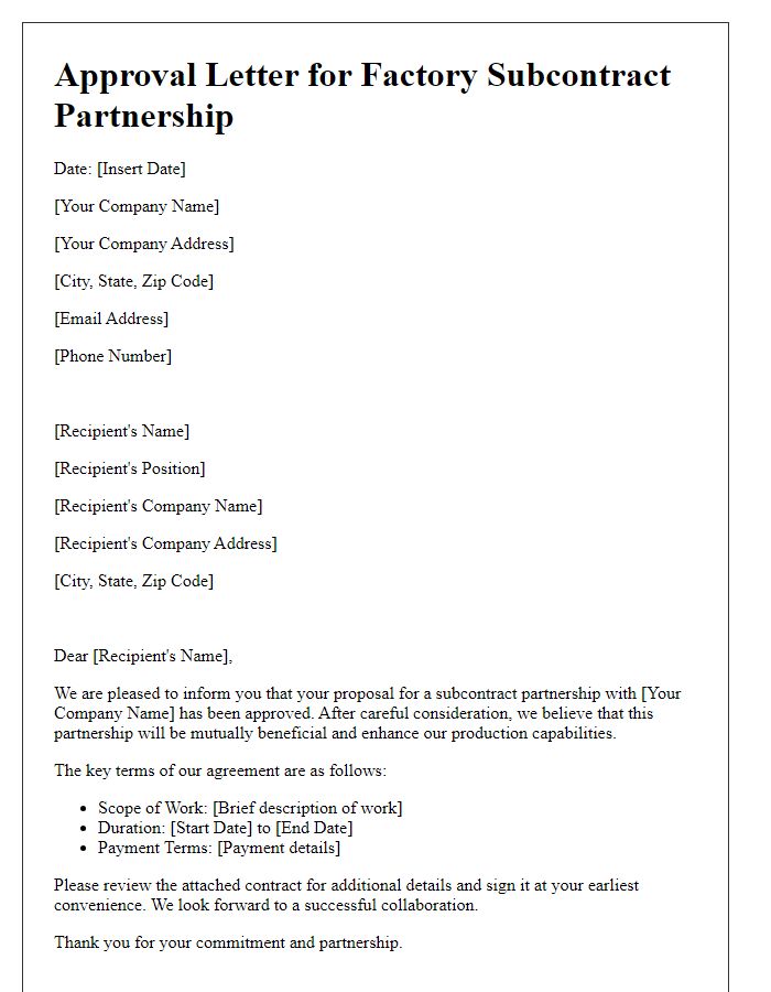 Letter template of approval for factory subcontract partnership.