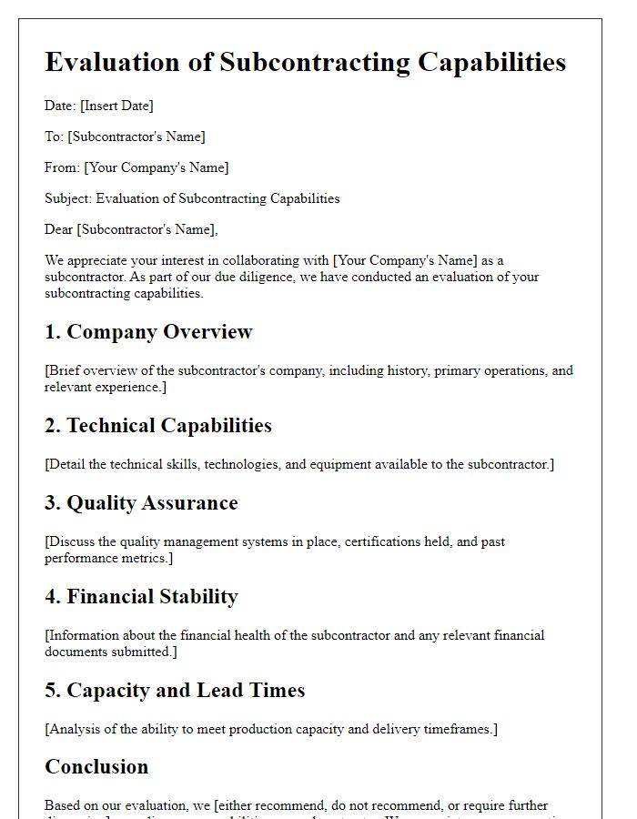 Letter template of evaluation for a factory's subcontracting capabilities.