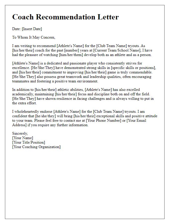 Letter template of sports coach recommendation for club team tryouts.