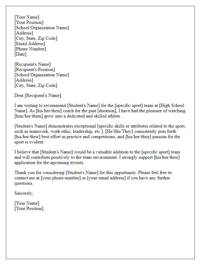 Letter template of sports coach recommendation for high school tryouts.